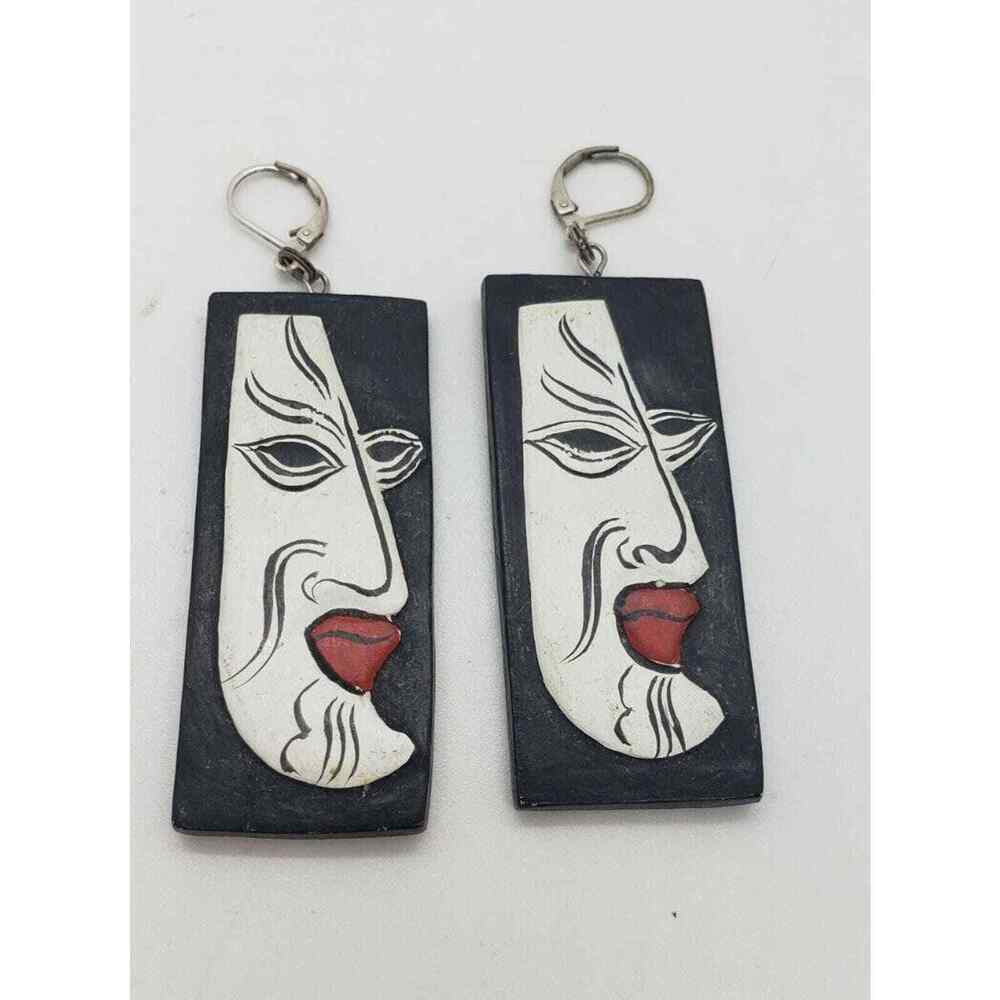 Vintage Earrings Face black white Wood Kabuki Tribal Punk Mod Art Samurai